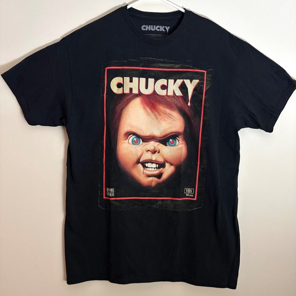 Chucky Horror Movie T-Shirt VHS Cover Graphic Tee Size L Black 2004 Licensed